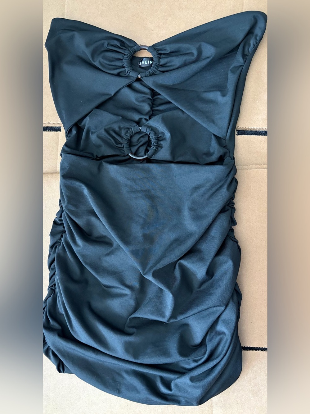 SHEIN Black Ruched Dress with Dual Ring Detail